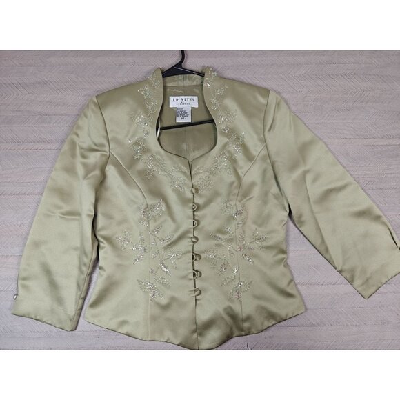 JR Nites By Caliendo Womens Beaded Satin Embroidered Blazer Jacket Size 8 Green - Picture 2 of 8